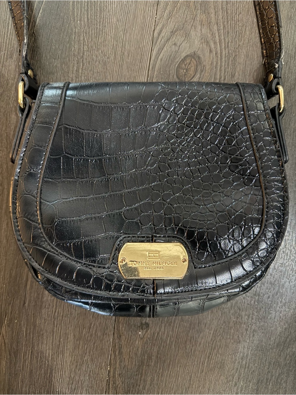 Tommy Hilfiger Black Crocodile Leather Shoulder Purse